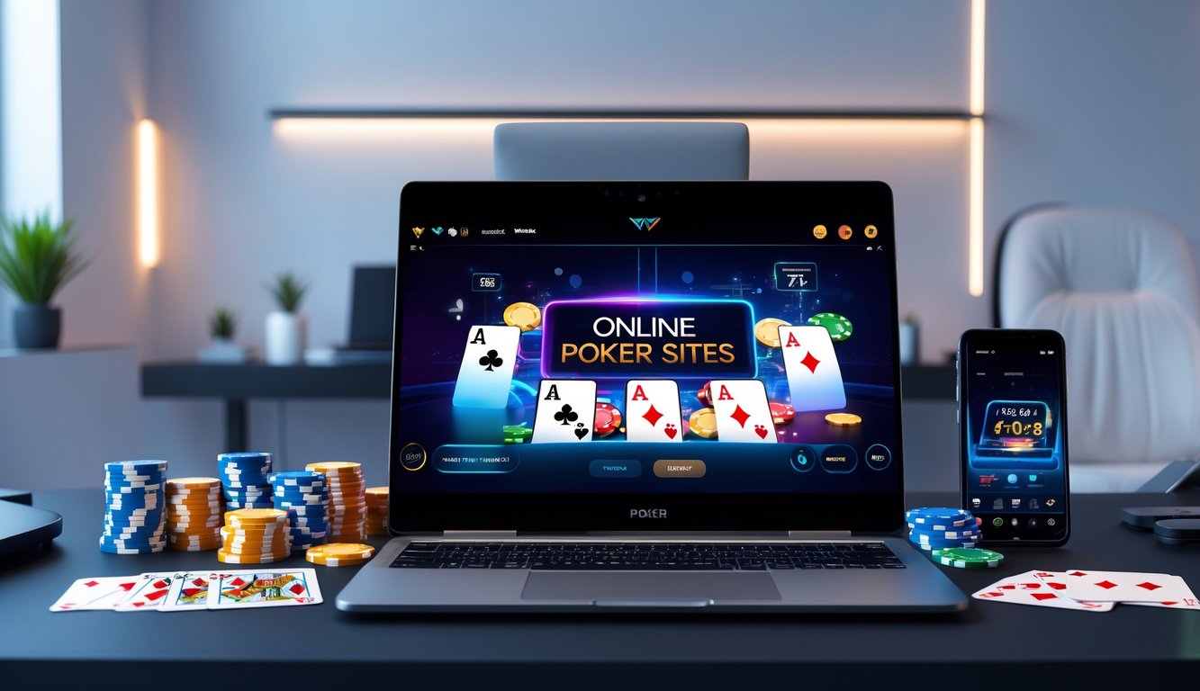 Seorang pemain poker online menggunakan komputer dengan kartu dan chip poker di meja, di ruangan yang rapi dan terang.