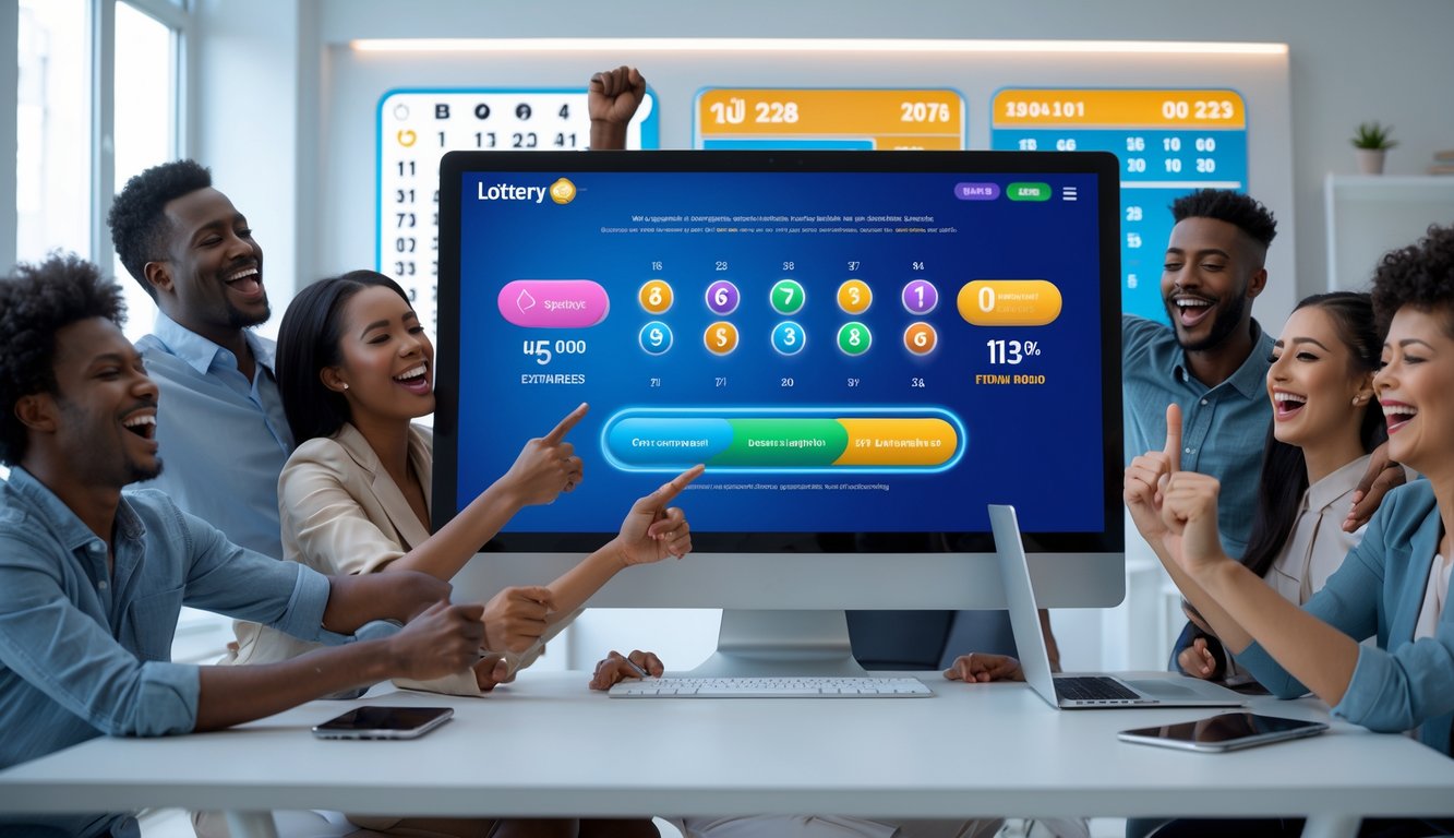 Sekelompok orang merayakan kemenangan besar di depan layar komputer dengan tampilan permainan lotere digital di ruang kantor modern.