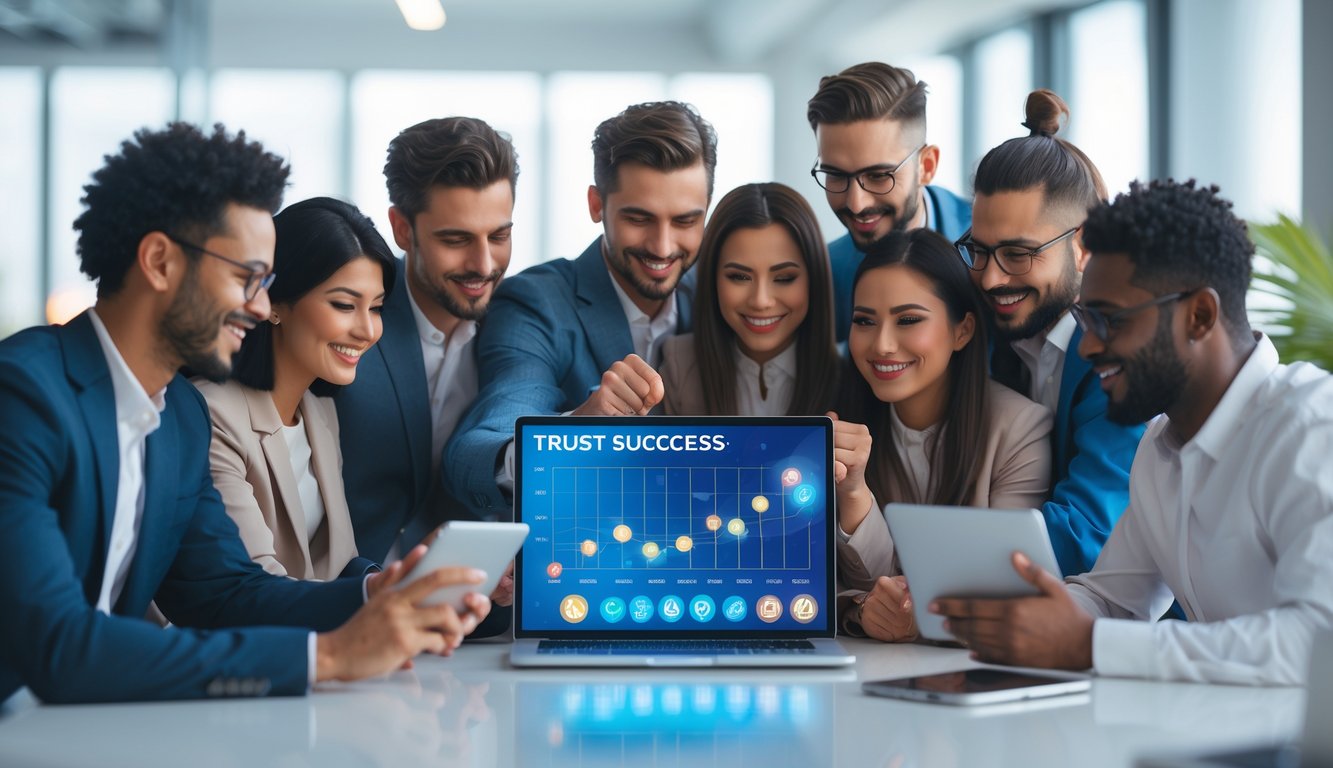 Sekelompok orang profesional sedang berkumpul dan bekerja bersama di sekitar perangkat digital di sebuah kantor modern.