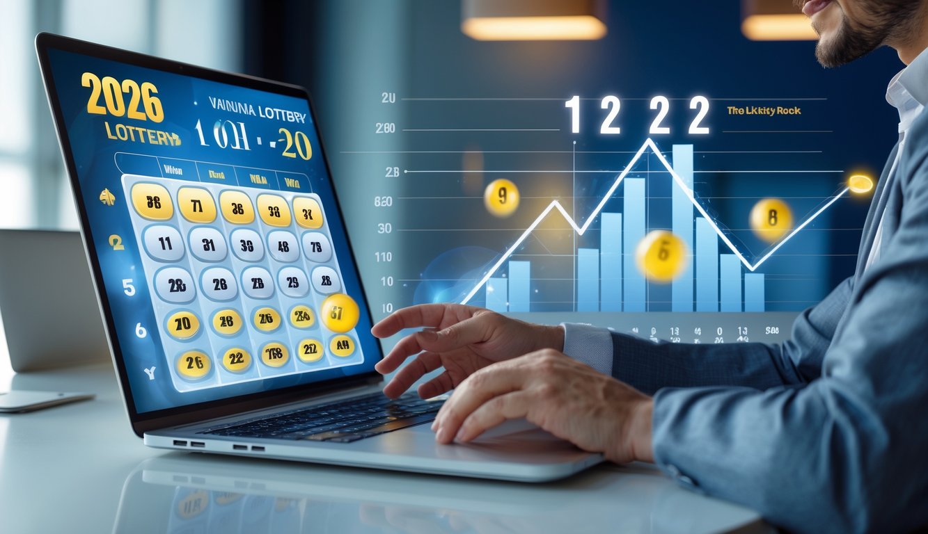 Seseorang menggunakan komputer dengan tampilan antarmuka lotere digital di ruang kantor yang terang dan rapi.