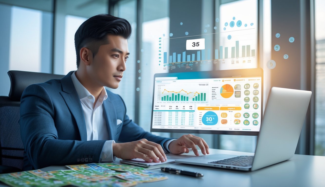 Seorang pria Asia Tenggara duduk di meja kantor modern sambil melihat laptop dan tiket lotere, menunjukkan suasana perencanaan dan analisis.