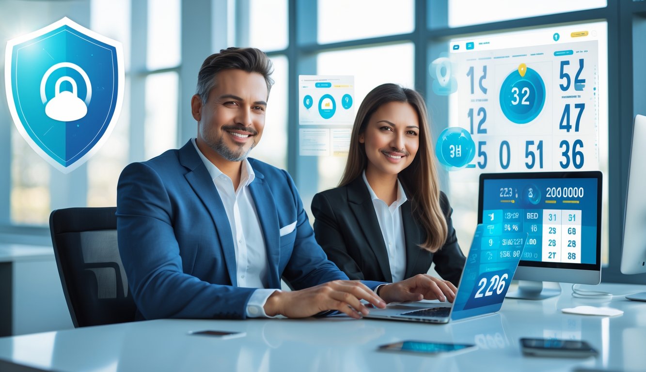 Dua orang dewasa duduk di meja kantor modern dengan perangkat digital, menunjukkan aktivitas terkait permainan togel yang aman dan terpercaya.