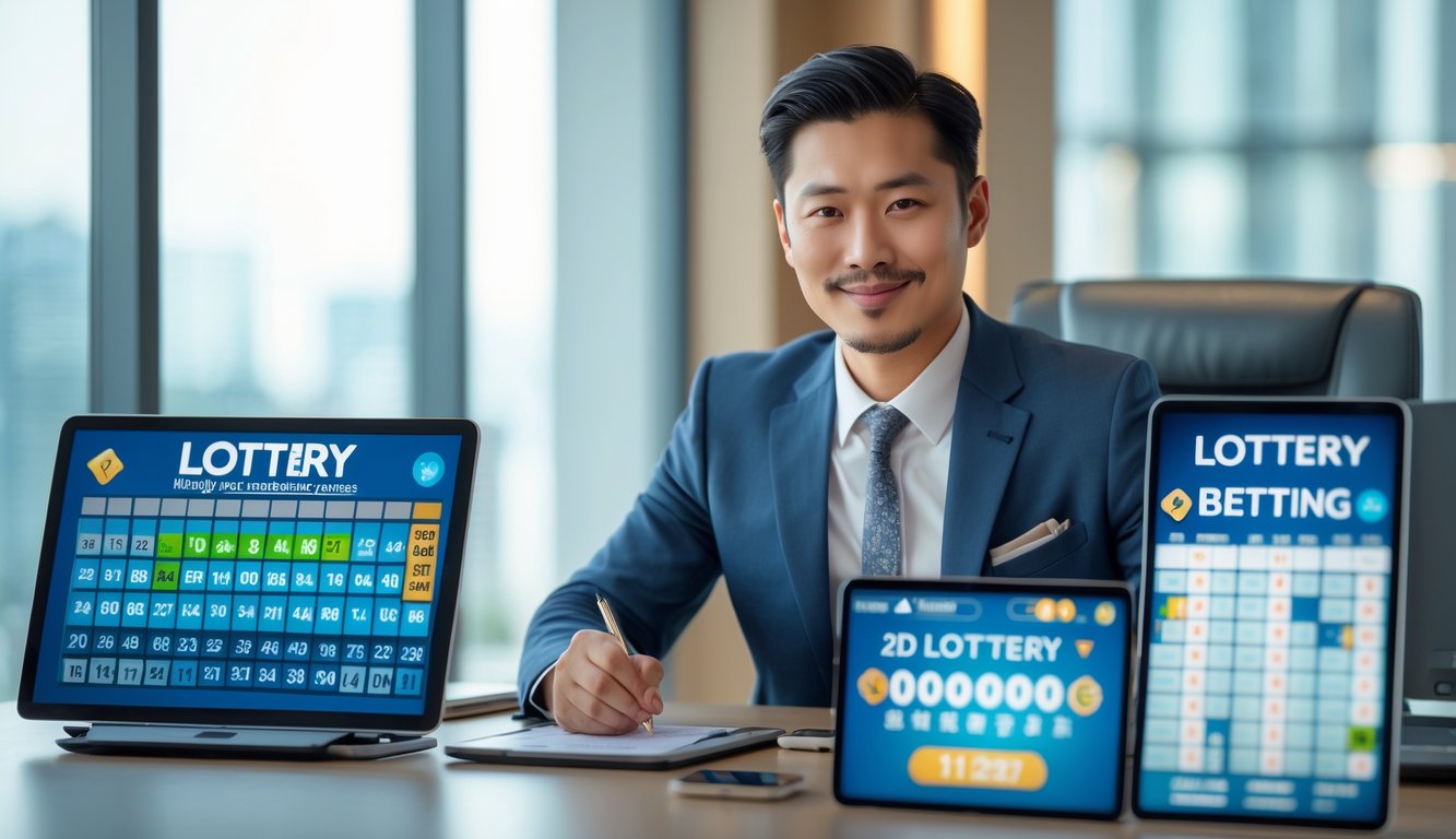 Seorang pria Asia duduk di meja kantor modern dengan perangkat digital menampilkan angka togel dan grafik, tersenyum dan memandang ke depan.