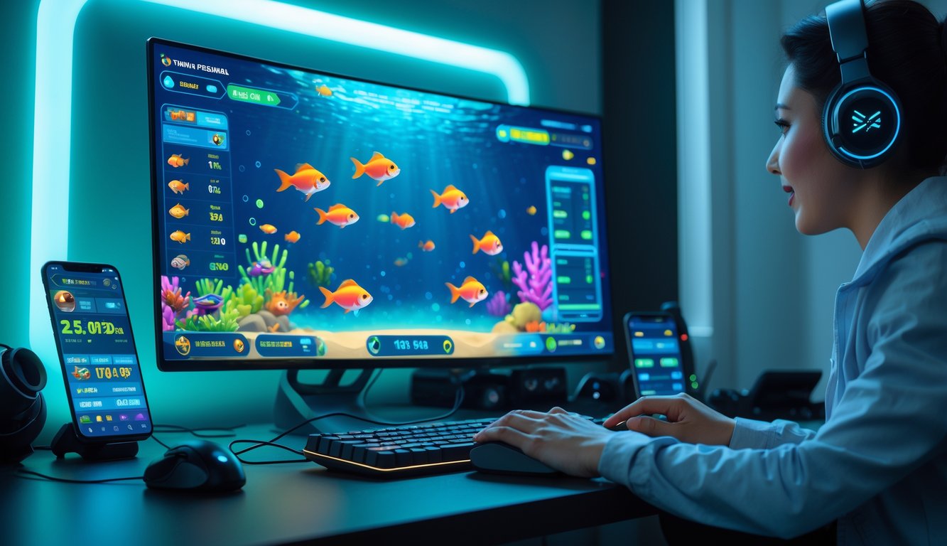 Seorang pemain dewasa fokus bermain permainan tembak ikan online di komputer dengan latar meja rapi dan pencahayaan biru hijau.