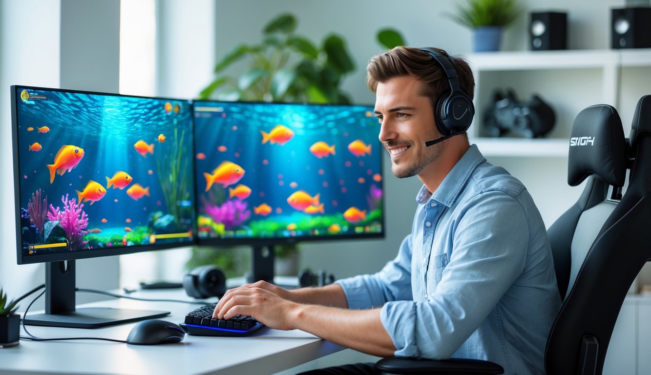 Seorang pria muda duduk di meja dengan beberapa monitor komputer yang menampilkan permainan tembak ikan online, terlihat fokus dan menikmati permainan.