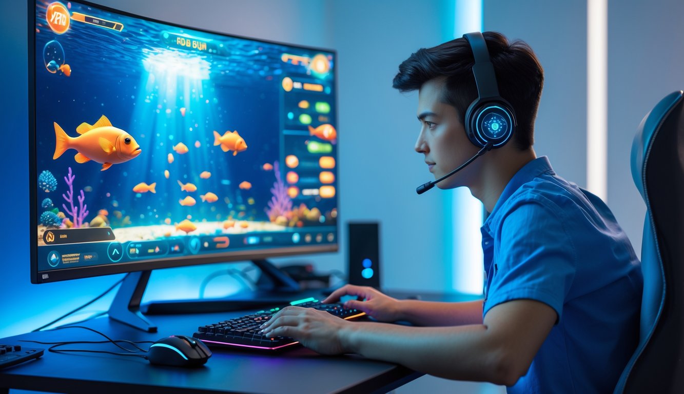 Seorang pemain muda fokus menggunakan komputer dengan layar menampilkan permainan tembak ikan berwarna-warni di ruangan yang terang dan modern.