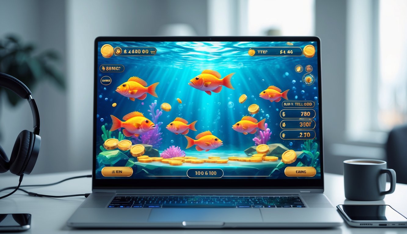 Seorang pengguna sedang bermain permainan tembak ikan online di komputer dengan latar belakang ruang kerja yang rapi dan terang.