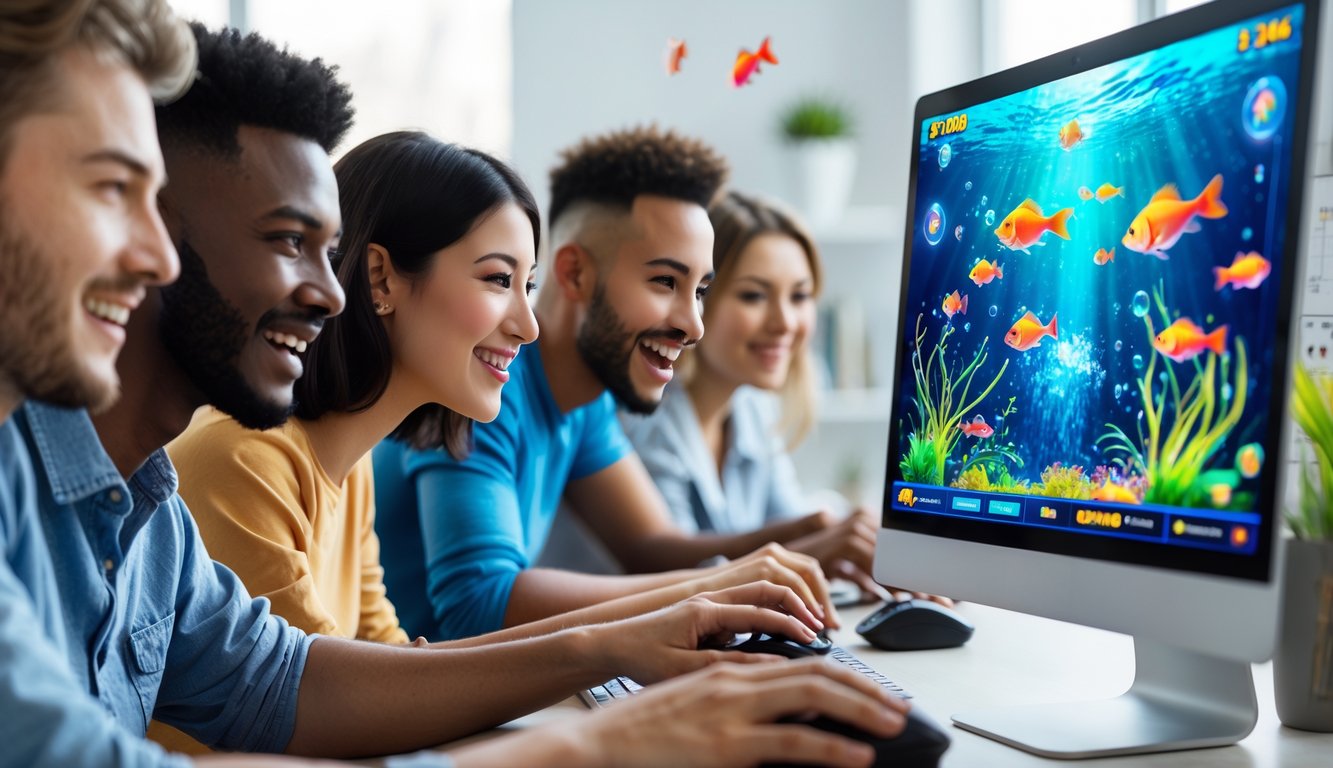 Beberapa orang muda bermain permainan tembak ikan online di depan komputer di ruangan terang dengan ekspresi fokus dan senang.