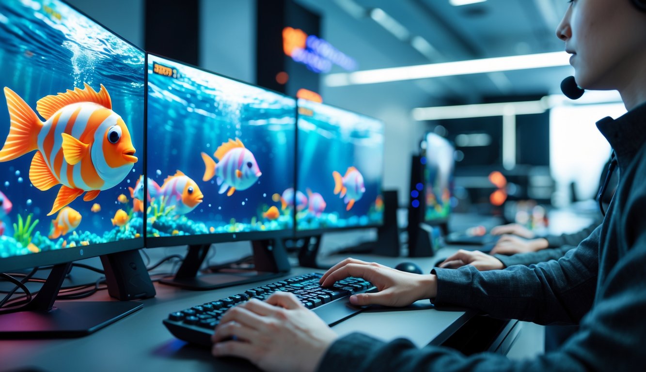 Seorang pemain menggunakan komputer dengan layar menampilkan permainan tembak ikan berwarna-warni di lingkungan kantor yang modern dan terang.