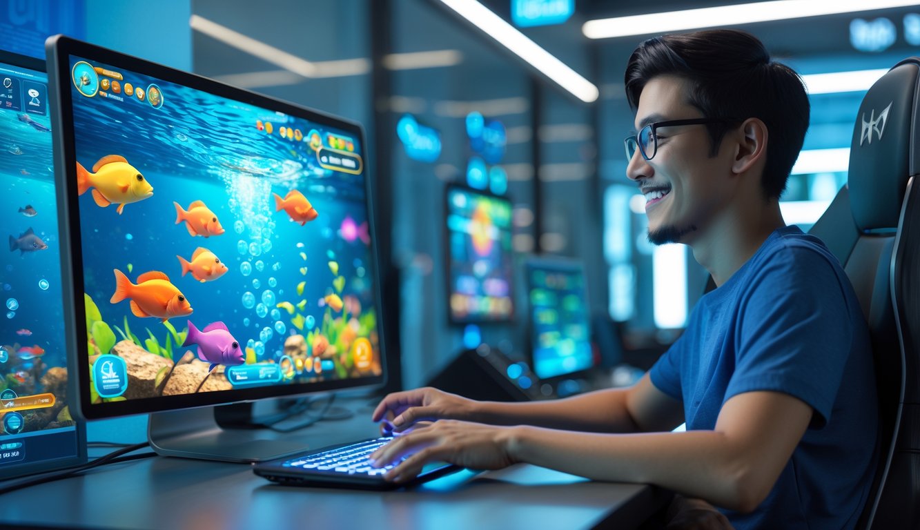 Seseorang bermain game tembak ikan online dengan tampilan layar penuh warna ikan dan latar belakang yang aman dan terpercaya.