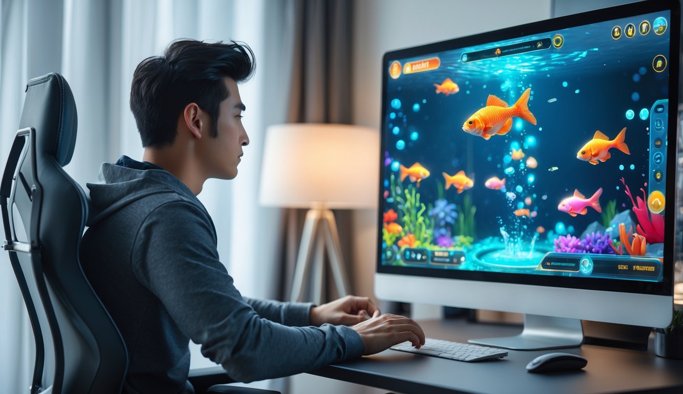 Seorang pria muda duduk di depan komputer modern yang menampilkan permainan tembak ikan 3D dengan animasi ikan berwarna-warni di layar.