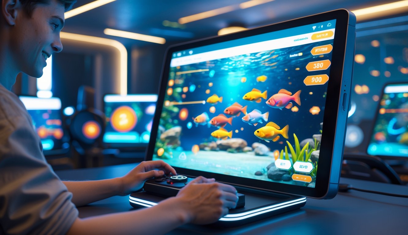 Seorang pemain yang fokus menggunakan perangkat digital untuk bermain permainan tembak ikan 3D dengan ikan berwarna-warni di layar dalam ruangan permainan modern.