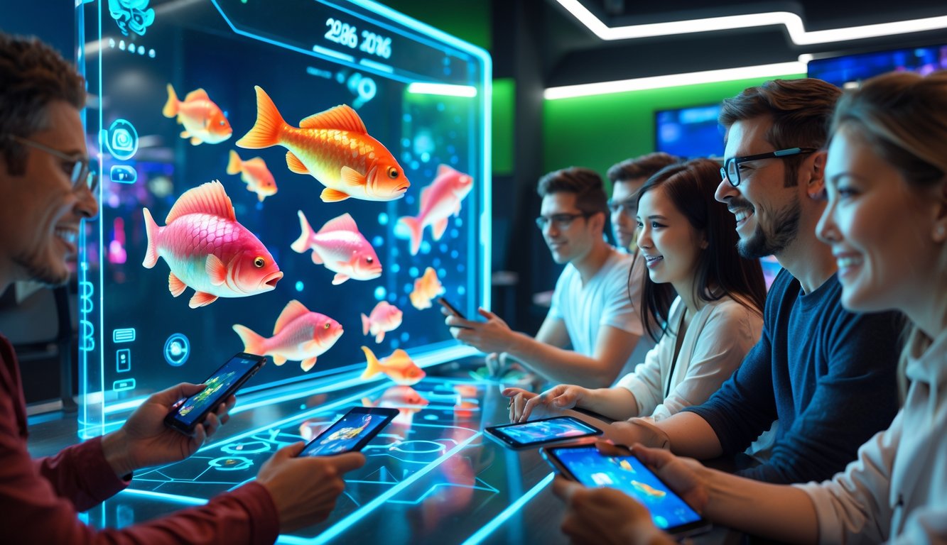 Sekelompok orang muda bermain game tembak ikan 3D secara online dengan antarmuka digital futuristik dan ikan berwarna-warni di layar dalam ruangan lounge permainan yang modern.