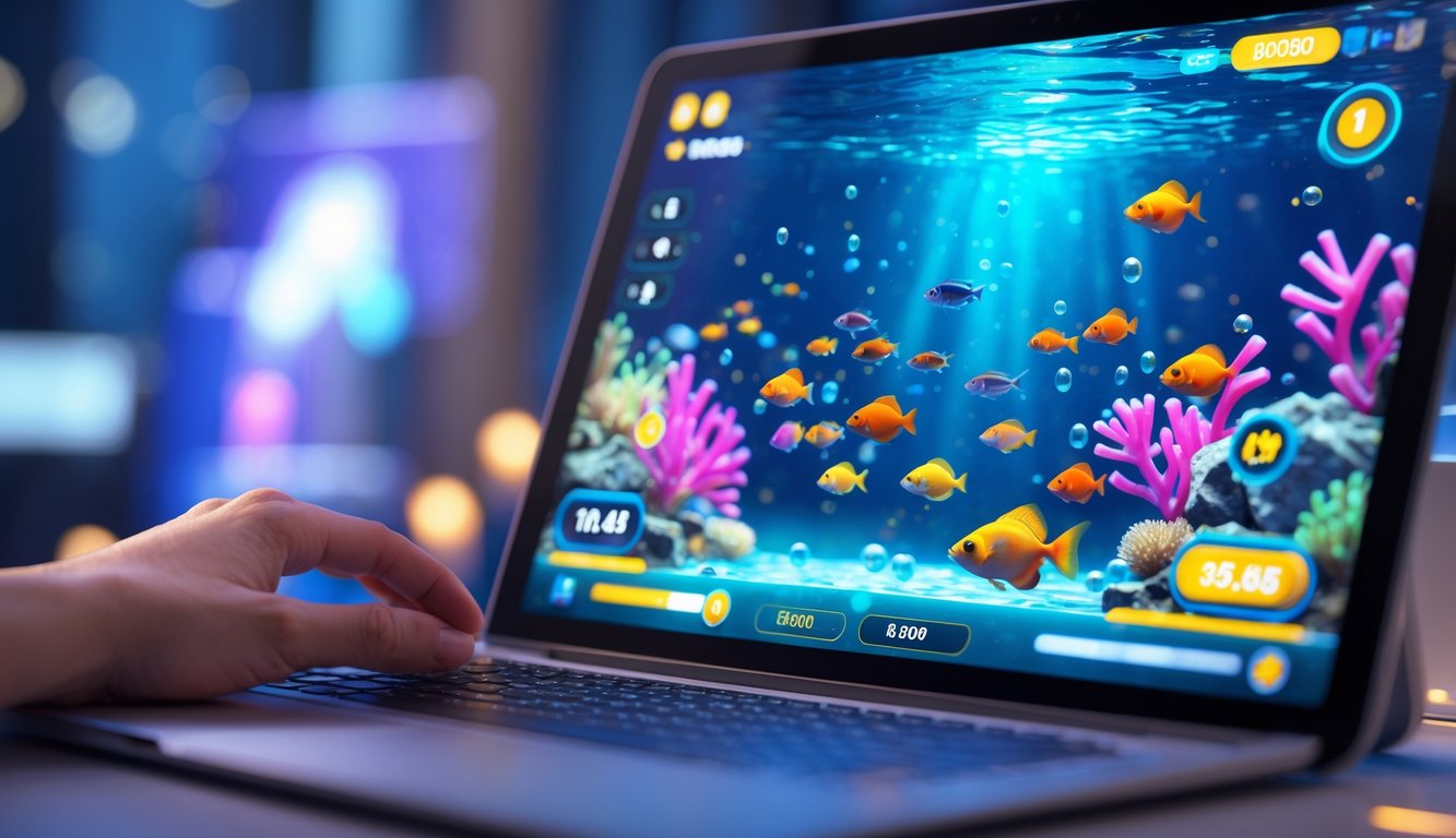 Layar perangkat digital menampilkan permainan tembak ikan 3D dengan ikan berwarna-warni di lingkungan bawah laut.