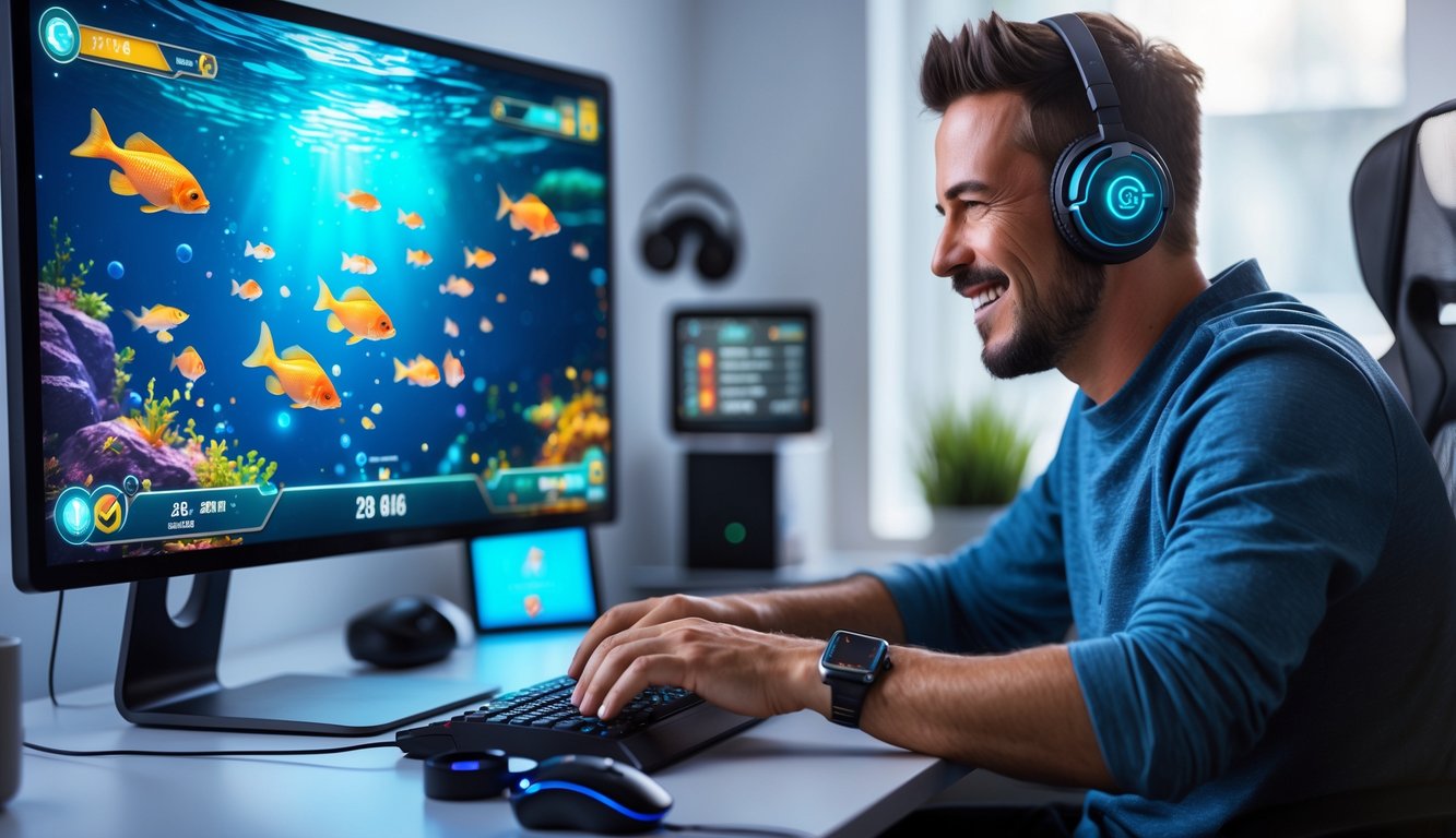 Seorang pemain dewasa sedang bermain game tembak ikan 3D online di komputer di ruang kerja modern.