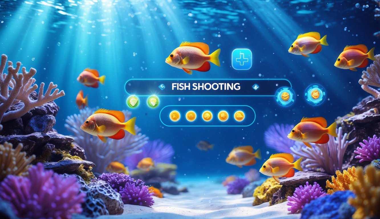 Pemandangan bawah laut dengan ikan tropis berwarna-warni dan terumbu karang, menampilkan suasana permainan tembak ikan online yang menarik dan terpercaya.