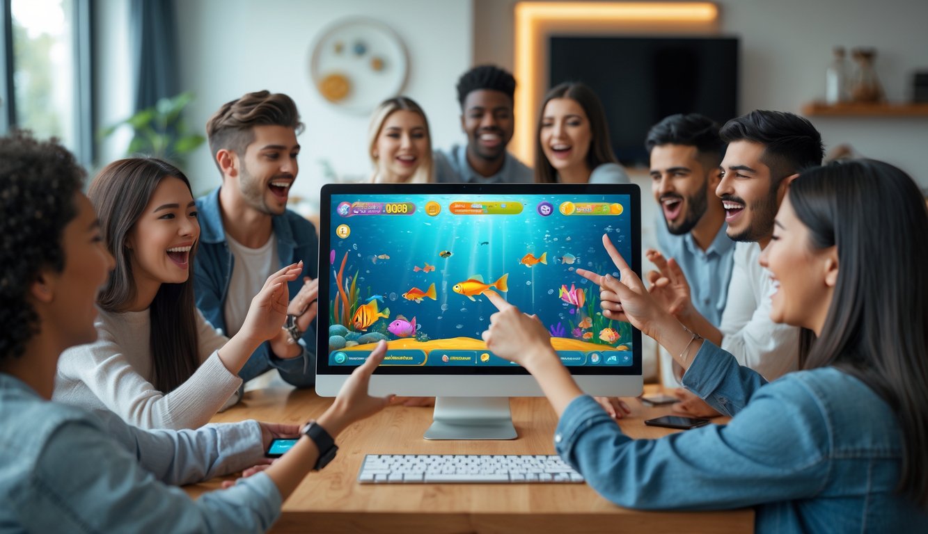 Sekelompok orang muda bermain permainan menembak ikan 3D online di sebuah ruangan dengan pencahayaan terang.