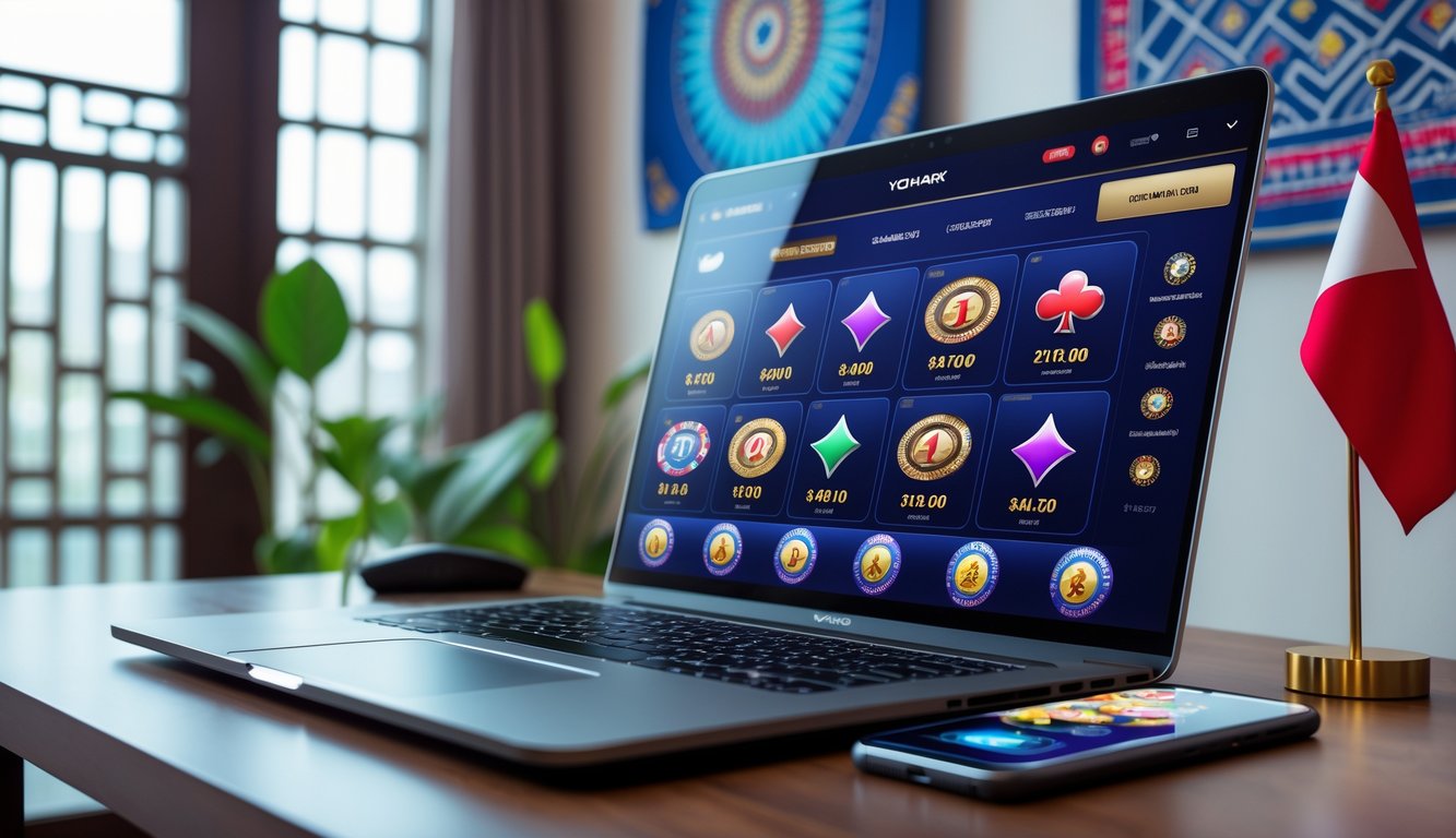 Seorang pemain menggunakan laptop dan ponsel dengan tampilan permainan kasino online di meja kerja yang rapi dengan elemen budaya Indonesia di latar belakang.