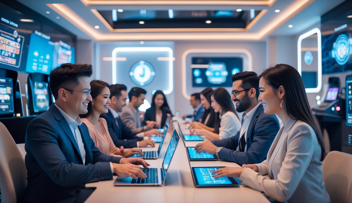 Orang-orang bermain judi online dengan perangkat digital di lingkungan yang nyaman dan aman.