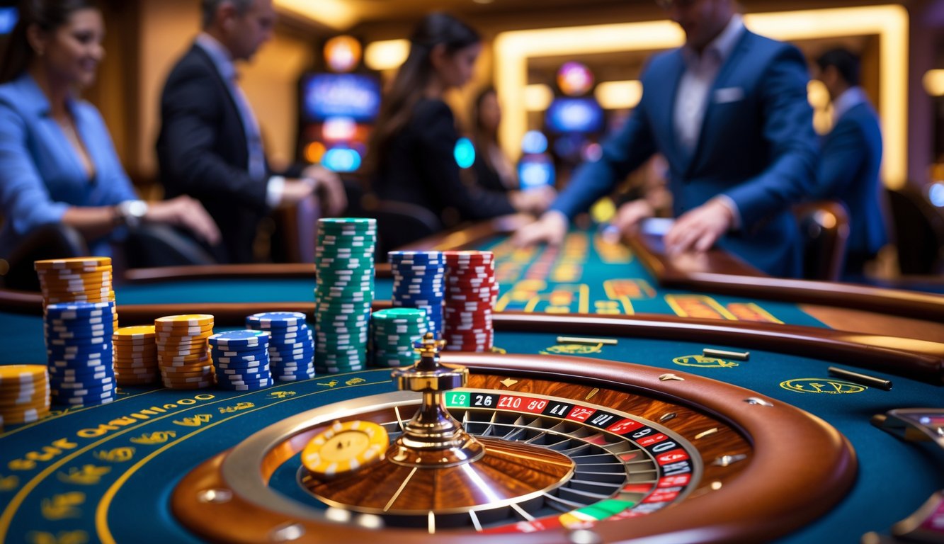 Suasana kasino mewah dengan meja permainan, chip poker berwarna-warni, kartu remi, dan roda roulette, dengan orang-orang di latar belakang yang sedang bermain.