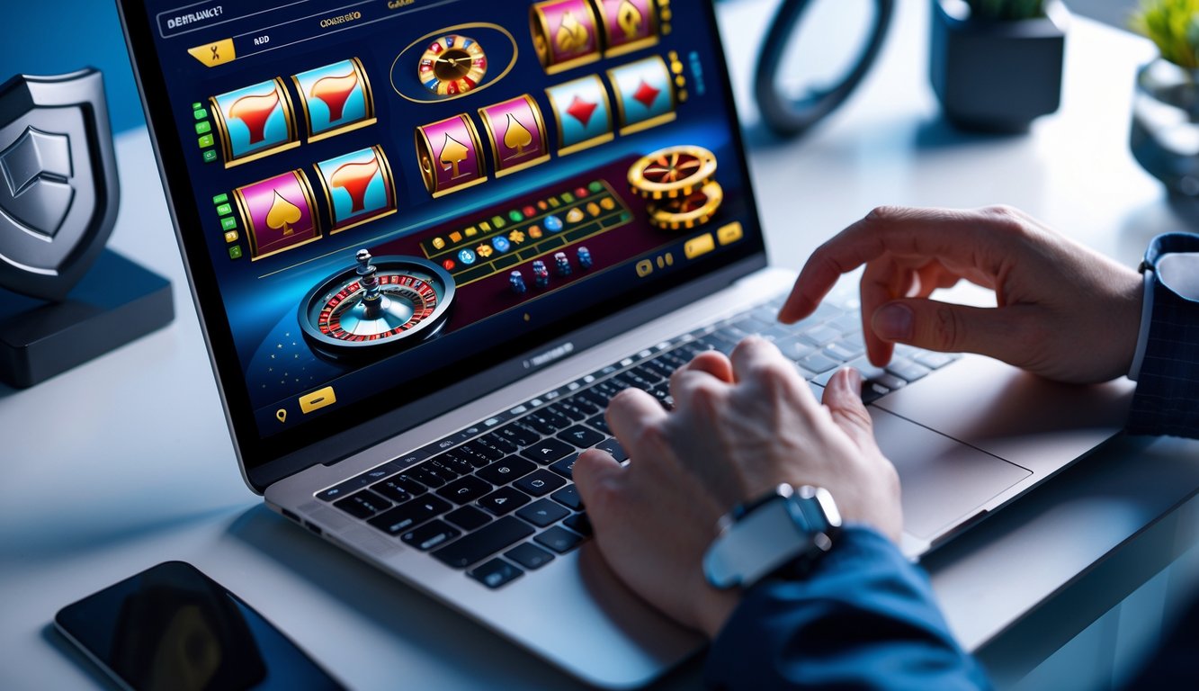 Seseorang menggunakan laptop dengan tampilan permainan kasino online yang berwarna-warni di meja kerja yang rapi dan terang.