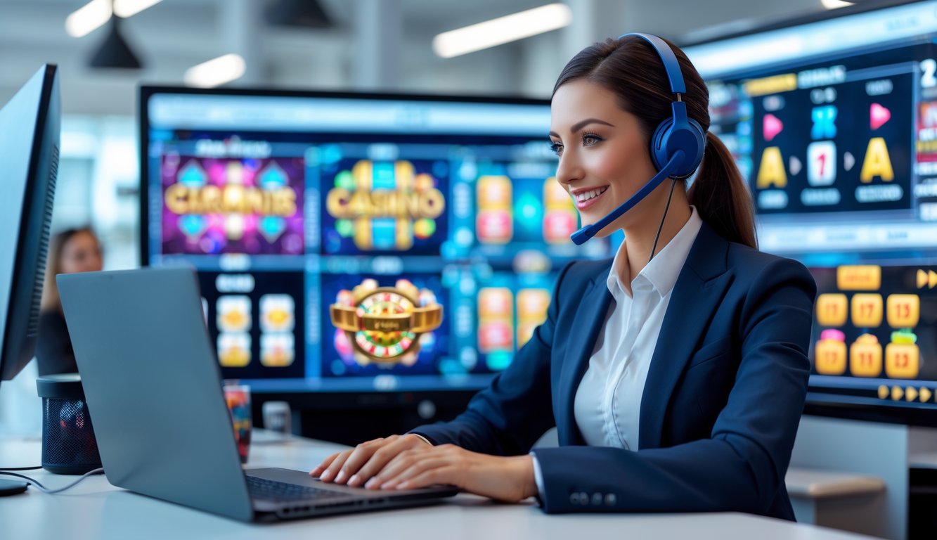 Seorang perwakilan layanan pelanggan profesional sedang membantu klien dengan laptop di lingkungan kantor modern yang menampilkan layar permainan kasino digital.
