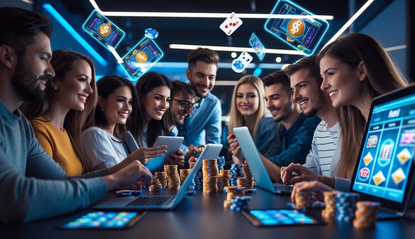 Sekelompok orang muda bermain permainan kasino online menggunakan perangkat digital di ruangan modern dengan pencahayaan futuristik.