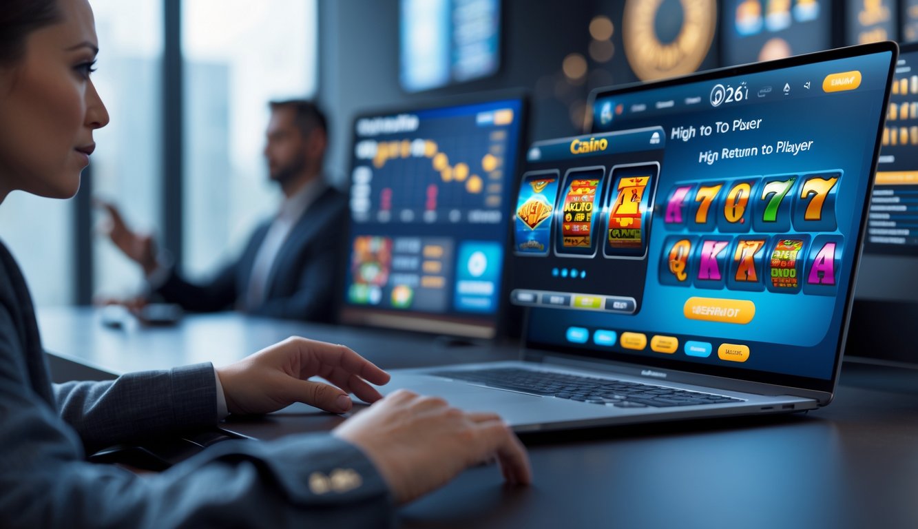 Seseorang menggunakan komputer dengan tampilan permainan kasino online yang modern dan terpercaya di meja kerja.