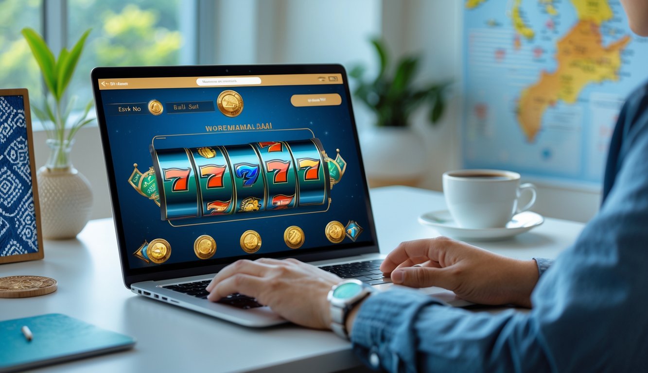 Seorang pemain sedang menggunakan laptop dengan tampilan permainan slot online di meja kerja yang rapi dan terang, dengan latar belakang aksen budaya Indonesia.