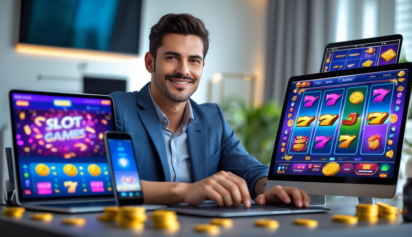 Seorang pria muda duduk di meja dengan laptop dan ponsel yang menampilkan permainan slot online berwarna-warni, terlihat fokus dan tersenyum di ruangan yang terang dan rapi.