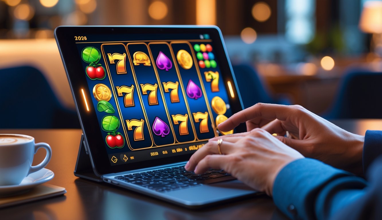 Seseorang bermain mesin slot online di laptop di ruangan yang nyaman dan terang.