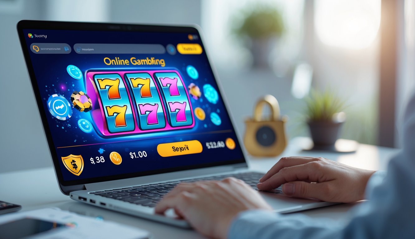 Seseorang menggunakan komputer dengan permainan slot online yang aman dan terpercaya di layar.