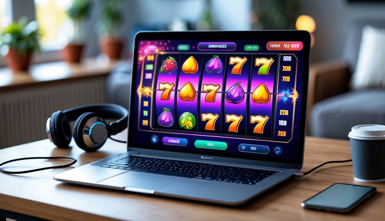 Seseorang menggunakan komputer dengan tampilan permainan slot online yang berwarna-warni di layar dalam ruangan yang nyaman.