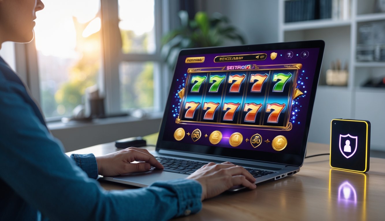 Seseorang sedang bermain permainan slot online di laptop di ruang kerja yang terang dan aman.