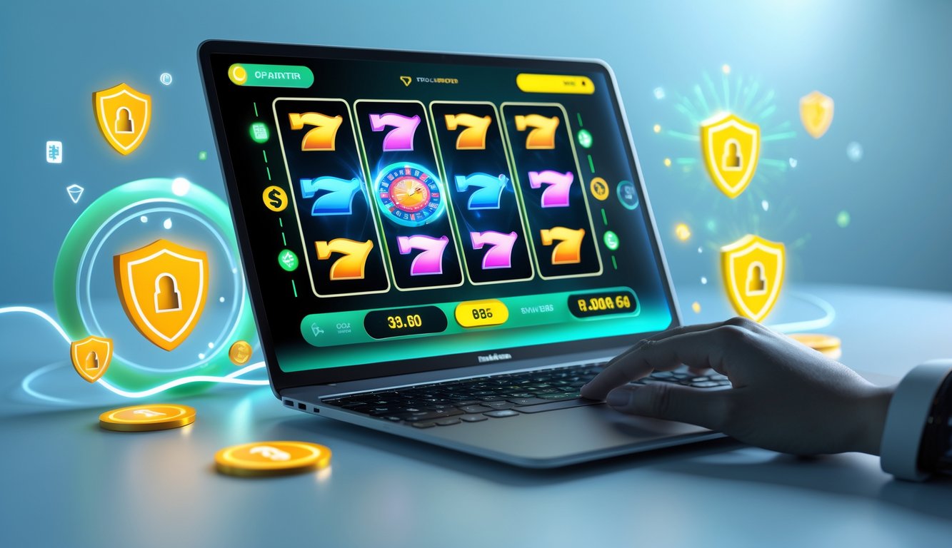 Seorang pengguna sedang bermain permainan slot online di laptop dengan latar belakang simbol keamanan dan pembayaran cepat.