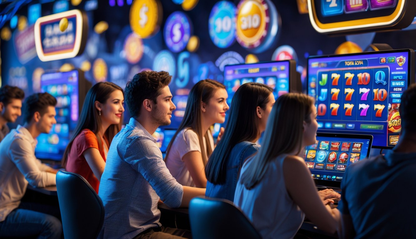 Sekelompok orang muda bermain permainan slot online di komputer dalam ruangan yang terang dan modern.