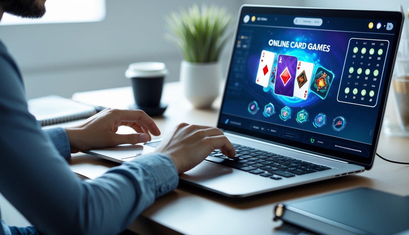 Seseorang menggunakan laptop dengan tampilan permainan kartu online yang berwarna-warni di layar, di meja yang rapi dengan secangkir kopi dan alat tulis.