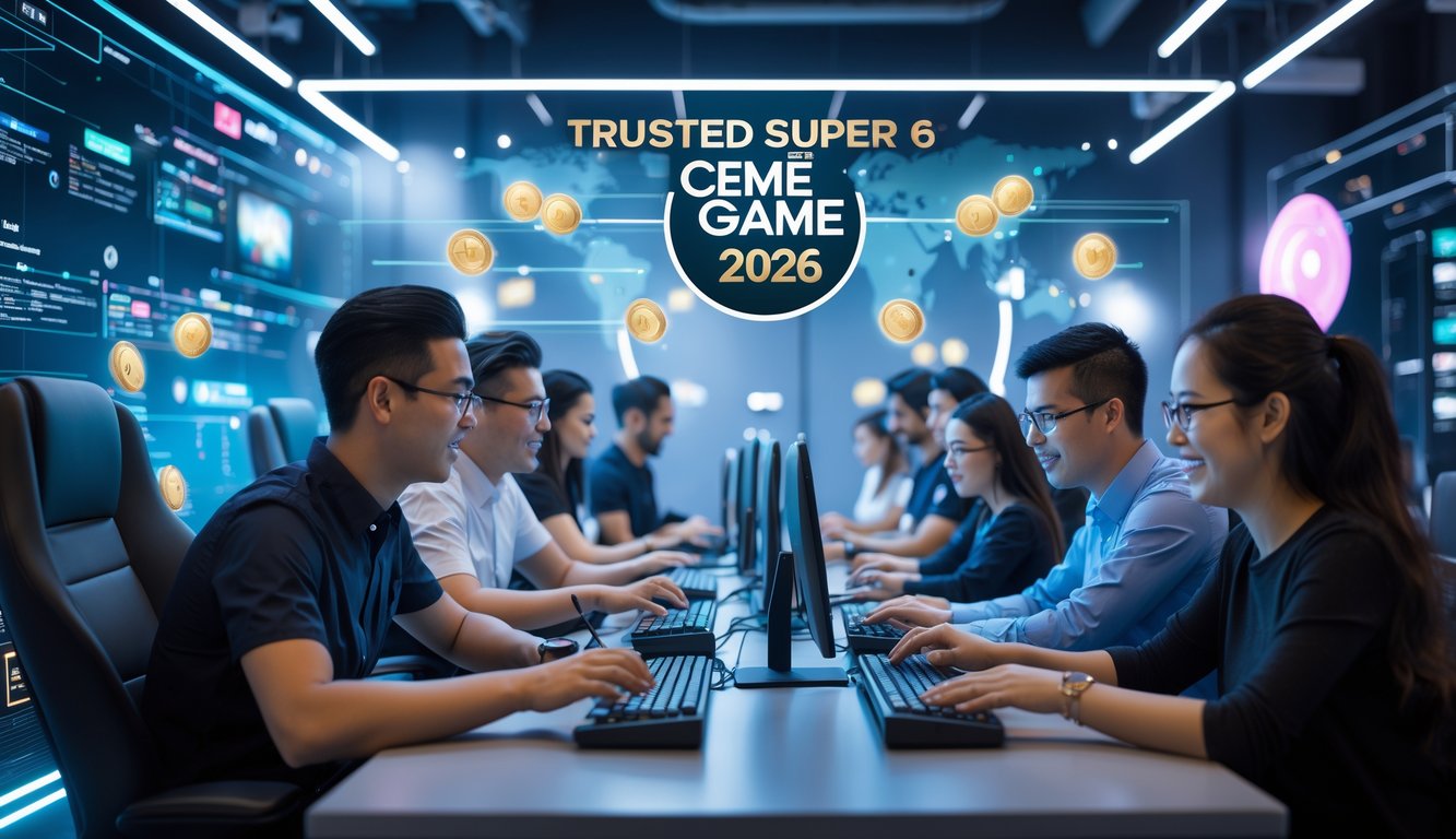 Sekelompok orang bermain game online Super 6 Ceme di ruangan modern dengan perangkat komputer dan ponsel, fokus dan bersemangat.