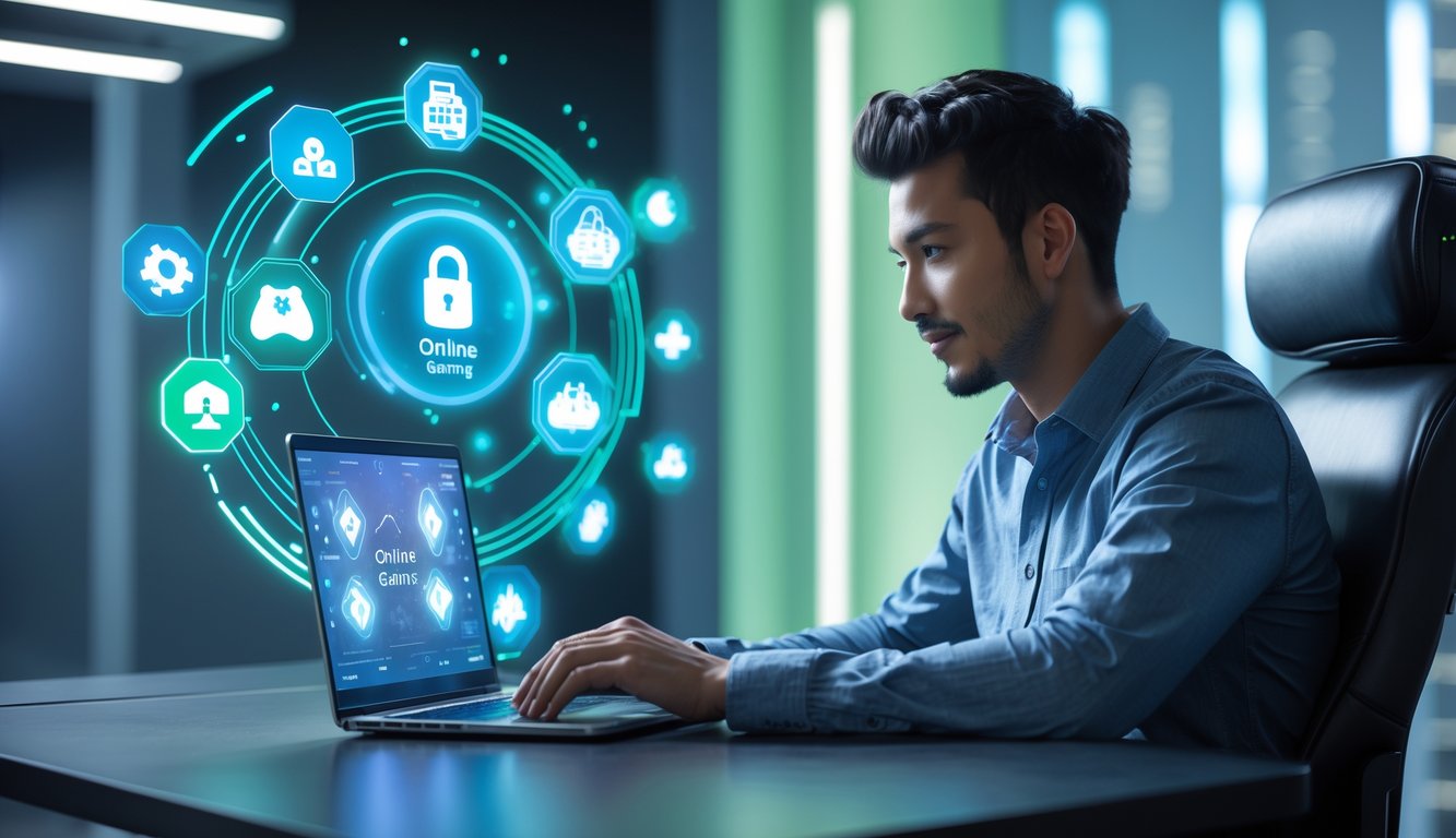 Seorang dewasa muda duduk di depan laptop dengan latar belakang antarmuka digital futuristik yang menunjukkan simbol permainan kartu online dan keamanan.