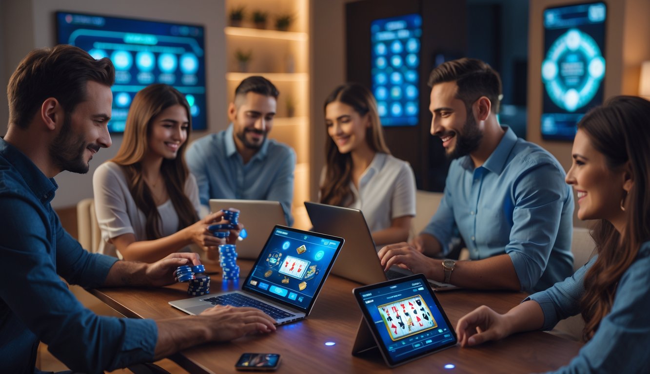 Orang-orang bermain permainan kasino online dengan perangkat digital di lingkungan rumah yang nyaman dan aman.