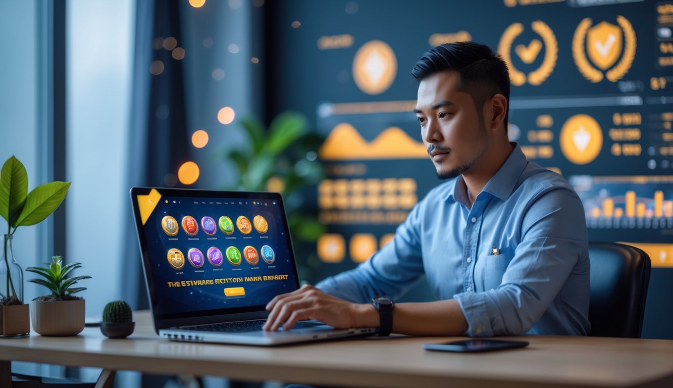 Seorang pria Indonesia duduk di meja dengan laptop, tampak fokus menggunakan situs kasino online di ruang kerja yang terang dan rapi.