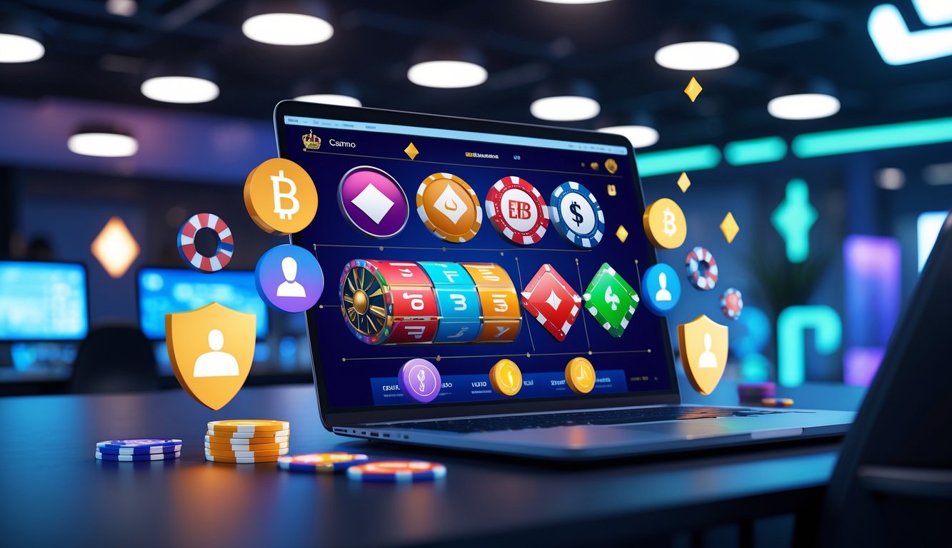 Suasana modern dengan layar komputer menampilkan permainan kasino online dan simbol keamanan di ruang kerja yang terang.