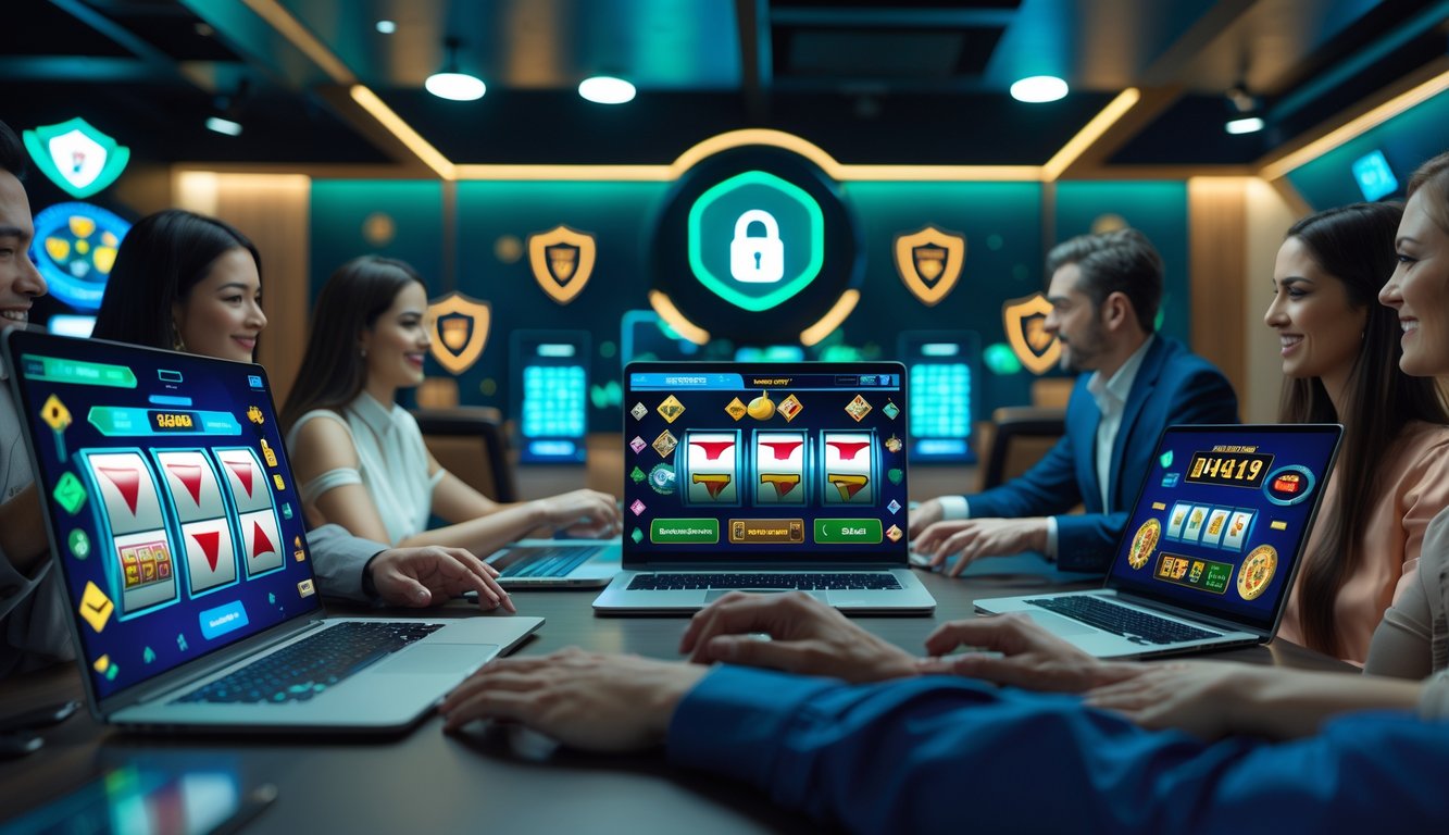 Orang-orang bermain game kasino online di perangkat modern dalam ruangan yang terang dengan simbol keamanan digital di latar belakang.