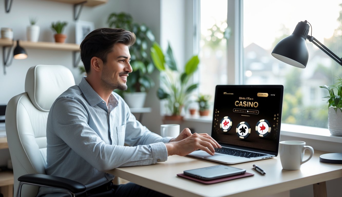 Seorang dewasa muda duduk di meja kerja di rumah menggunakan laptop dengan latar belakang ruang tamu yang rapi dan tanaman.