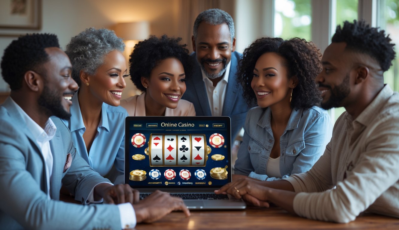 Sekelompok orang dewasa sedang menggunakan laptop bersama di ruang tamu yang nyaman dengan layar menampilkan permainan kasino online.