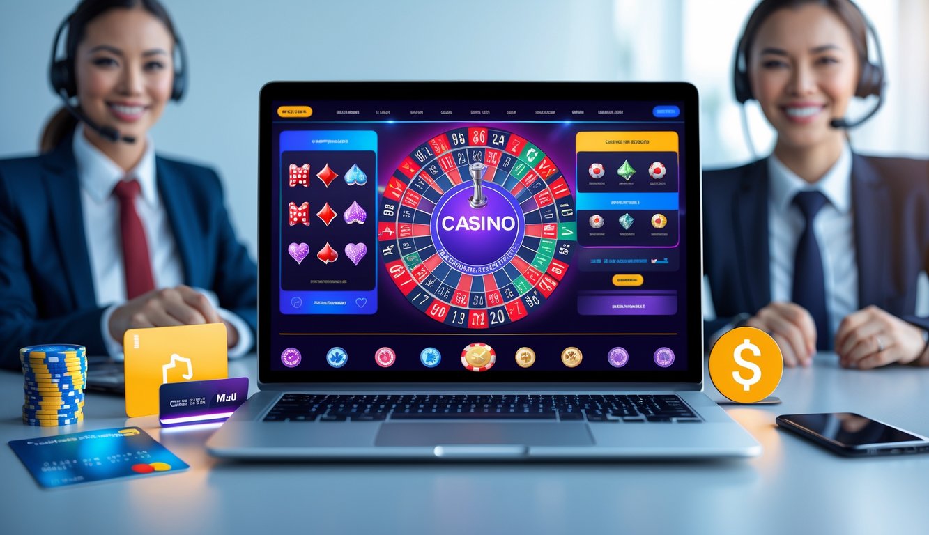 Seorang pelanggan menggunakan laptop dengan tampilan situs kasino online yang modern, dikelilingi oleh simbol pembayaran cepat dan layanan pelanggan yang ramah.