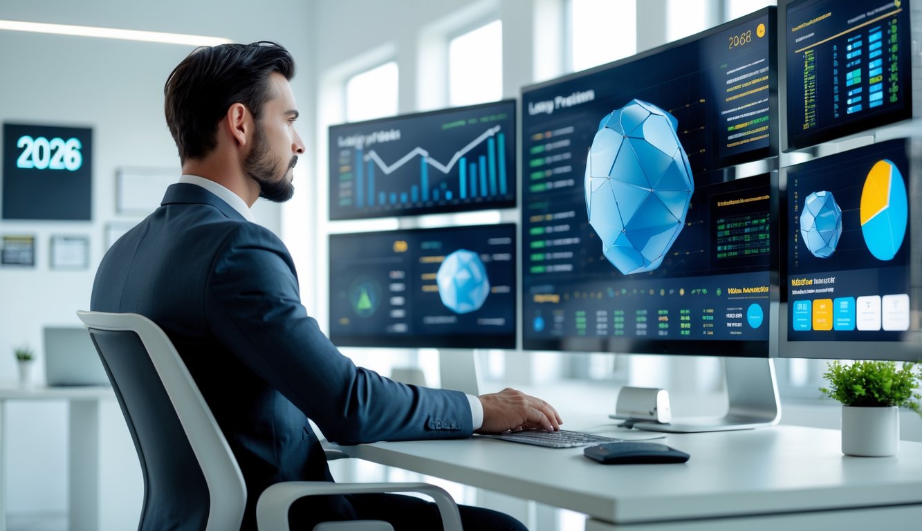 Seorang profesional bisnis duduk di depan komputer dengan layar yang menampilkan grafik dan data prediksi angka togel 3D.