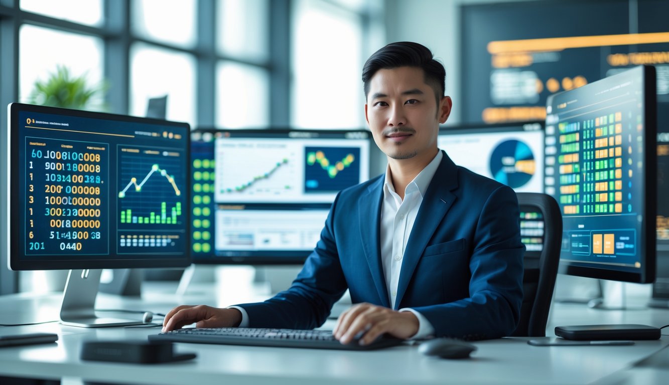 Seorang profesional bisnis Asia Tenggara duduk di meja dengan beberapa monitor komputer menampilkan grafik dan pola angka 3D, di ruang kantor modern.