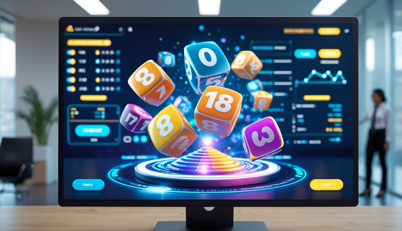 Sebuah layar sentuh modern menampilkan antarmuka lotere digital 3D dengan grafik angka dan jackpot di sebuah kantor yang terang dan profesional.
