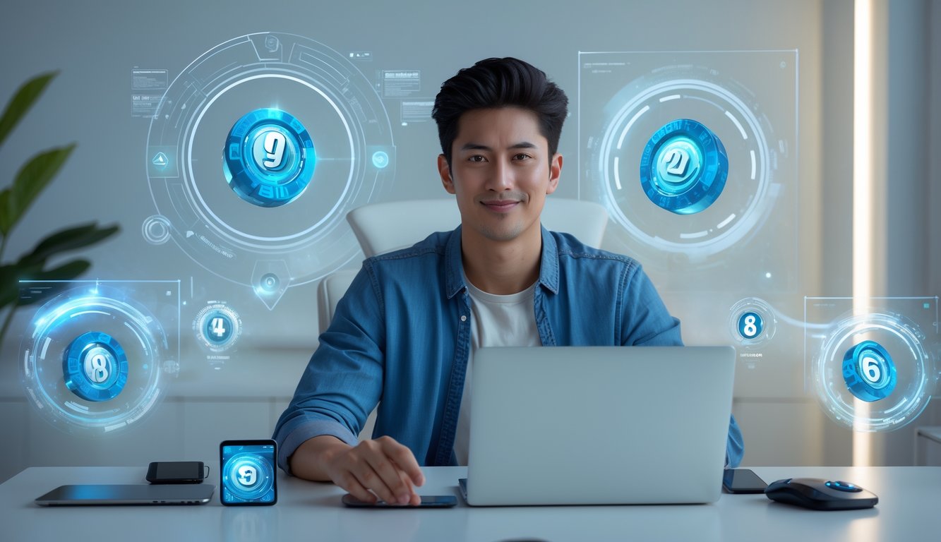 Seorang dewasa muda duduk di meja dengan laptop dan ponsel, memainkan permainan togel online di ruangan yang terang dan rapi.